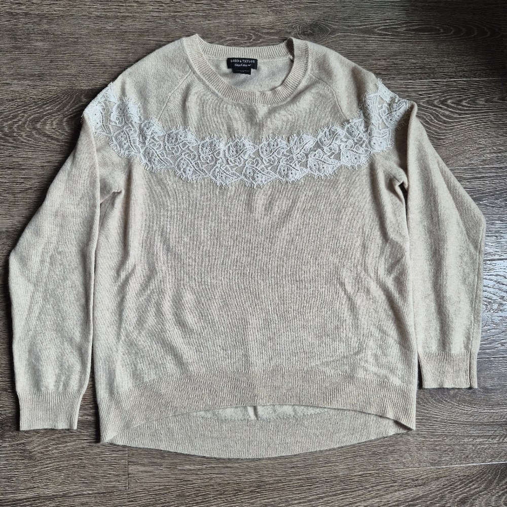 Lord And Taylor Cashmere Fine Knit Sweater. Taupe Cream Tan Medium M New